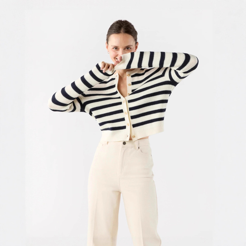 Original Factory High-End Goods Apc Shoulder Metal Open Button Striped Crew Neck Cardigan Export Cut Label Order Surplus