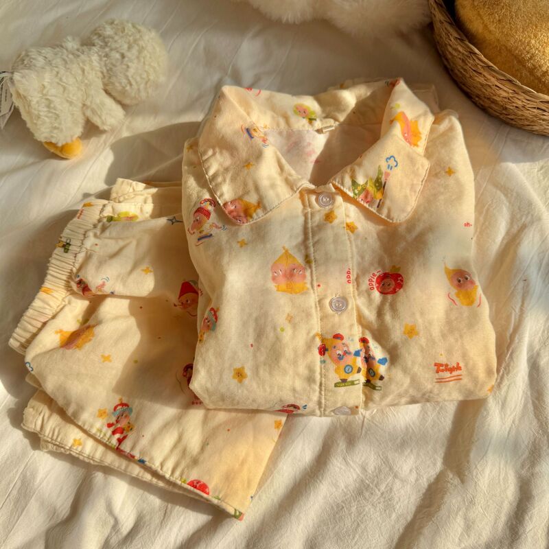 Doll Collar Long-Sleeved Long Pants Type a 100% Cotton Double-Layer Gauze Pajamas Home Wear All-Cotton Gauze Breathable Cartoon Cute