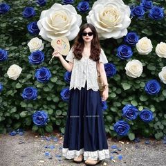 大码胖妹妹显瘦遮肚子减龄套装夏季蕾丝短袖上衣阔腿裤两件套女装