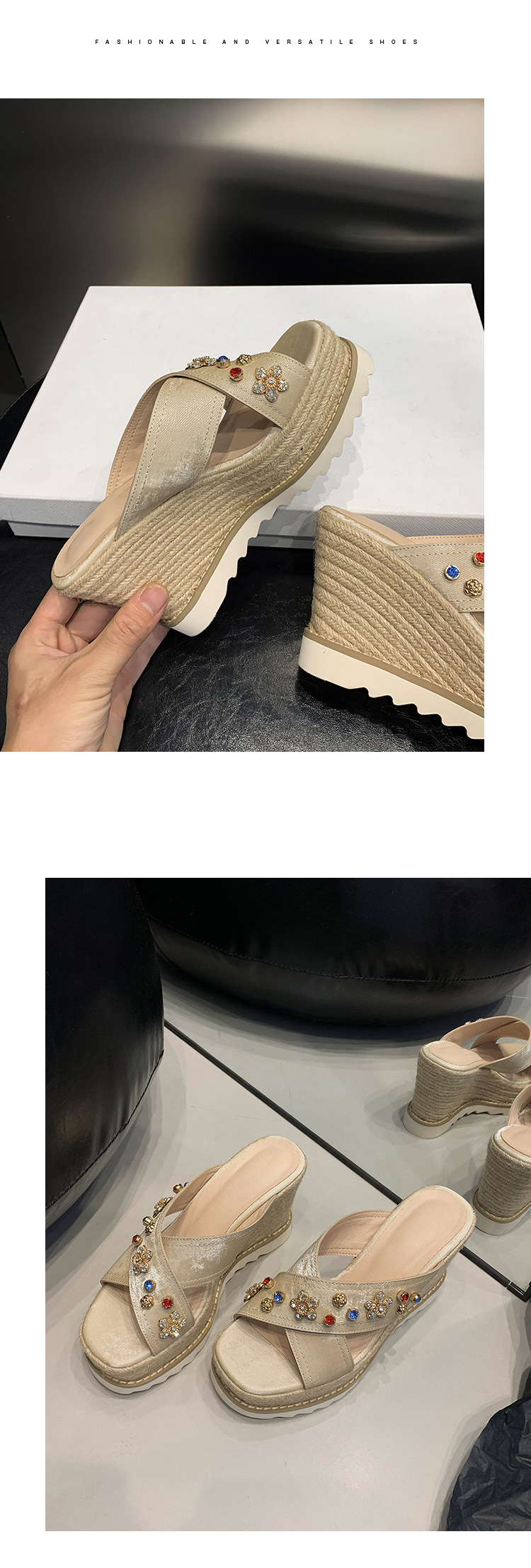 Sandal cao gót nữ hở mũi đế xuồng đan rơm, đính đá, quai ngang da thật — màu trắng ngà, màu kaki chi tiết 10