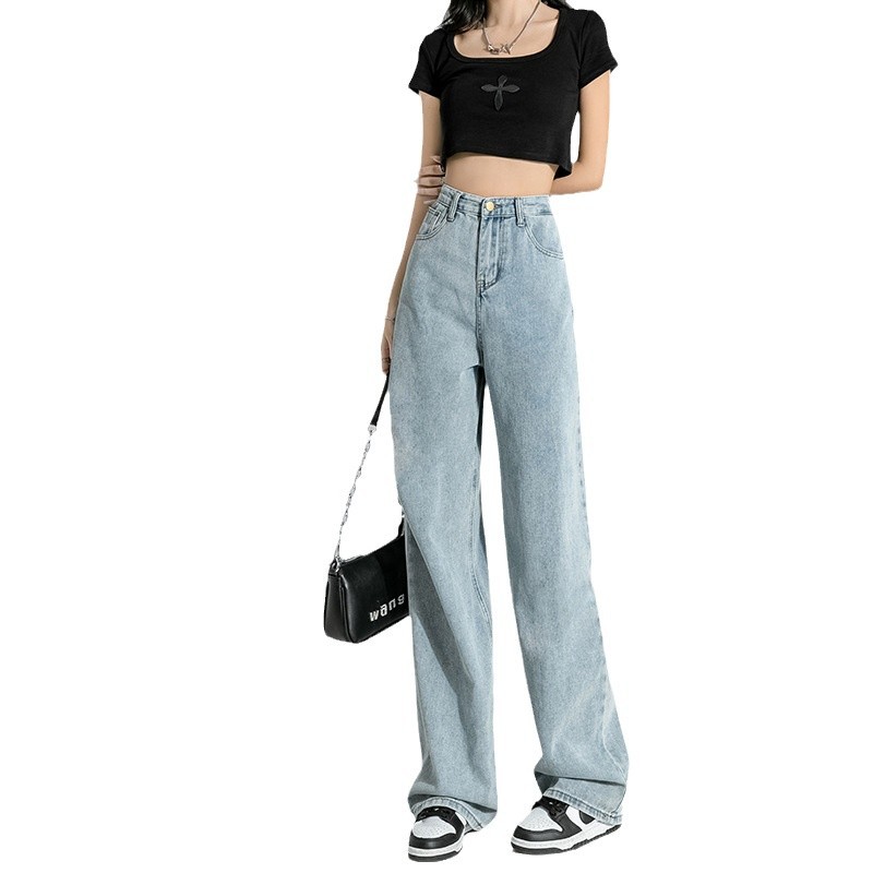 Women's High-Waisted Wide Leg Jeans Black Loose Fit Slimming Spring Style Korean Straight Leg Floor Length Trendy Fashionable_ecoleips.com