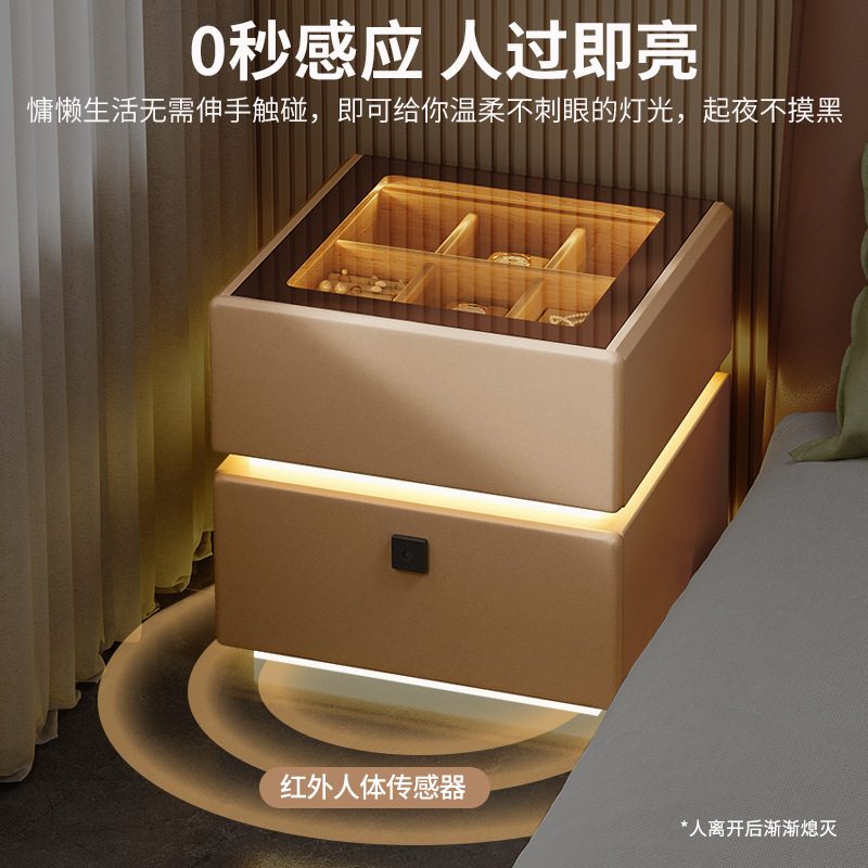 2024 nueva mesita de noche, lujo ligero, vidrio de alta gama con luz, dormitorio principal, precio alto, armario de almacenamiento rojo de Internet