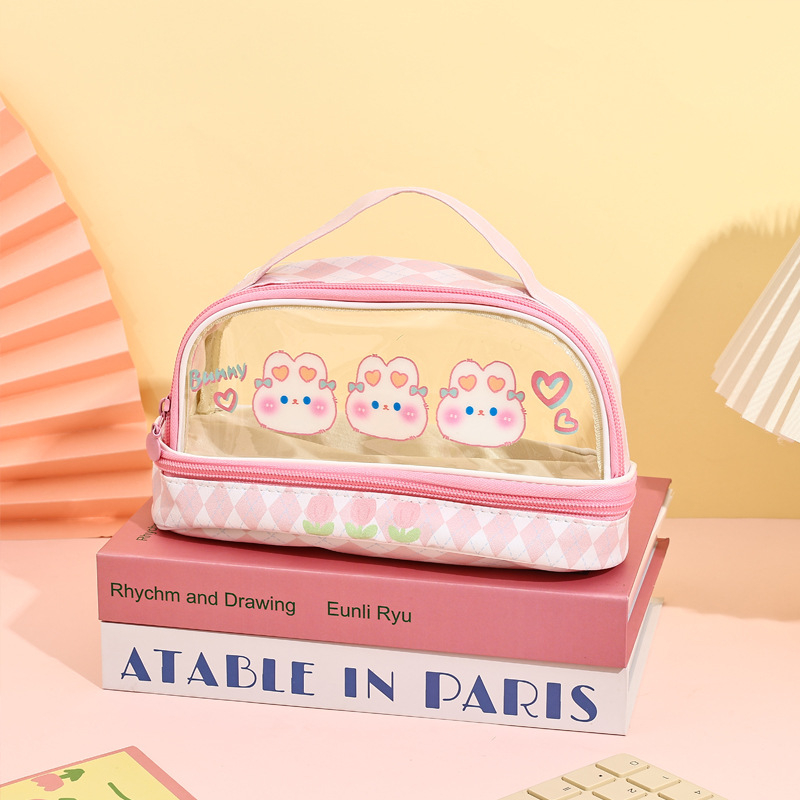 Cartoon Sanrio estuche para lápices estilo ins portátil de doble capa transparente de gran capacidad lindo bolso de papelería tridimensional Kulomi