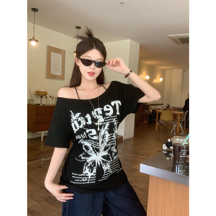 プラスサイズファットmmアメリカンオフショルダーリボンプリント半袖Tシャツレディース2025年夏新作ルーズスリミングトップイン|undefined