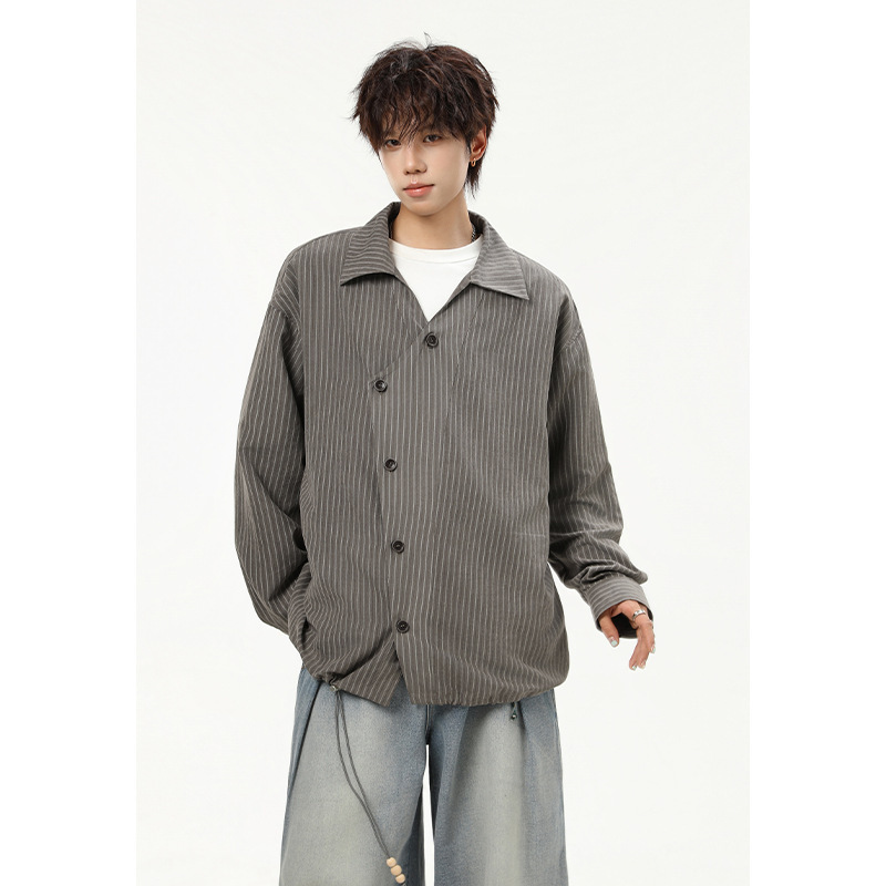 Slanted placket V-neck striped beaded drawstring shirt, large size, casual, faux linen, easy to care for, short and wide, adjustable men's shirt