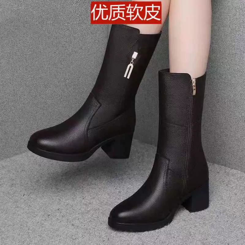 Женские ботинки до середины икры из натуральной мягкой кожи, осенне-зимние новые стильные теплые ботинки на флисовой подкладке, женские хлопковые ботинки на среднем каблуке и толстом каблуке, зимние сапоги