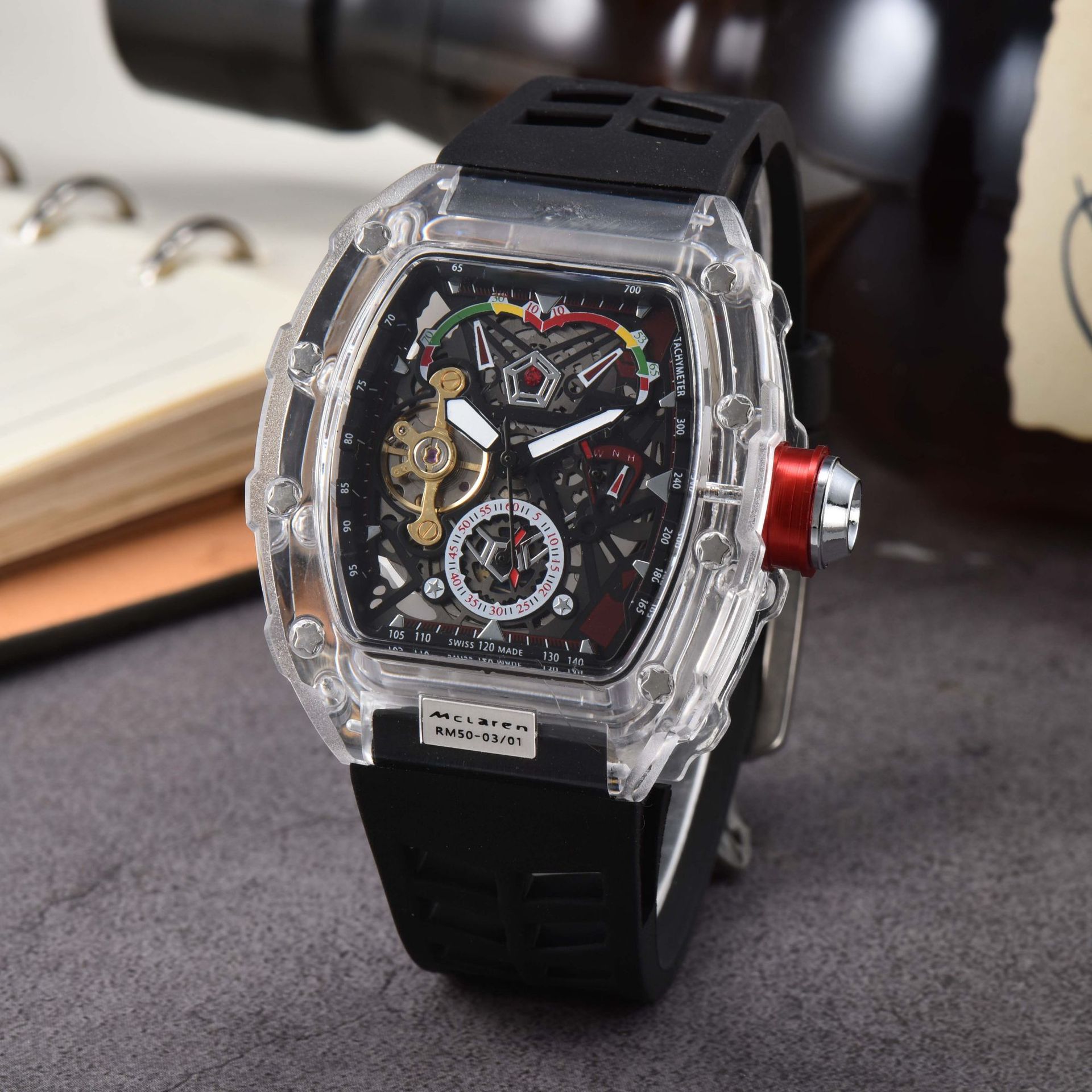 Foreign Trade Men's 5-pin Multifunctional Mechanical Watch European and American Sports Silicone Watch Wine Barrel Fashionable Transparent Design Watch