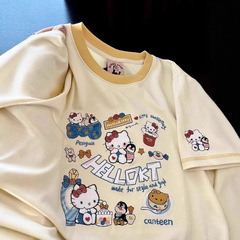 【純綿220g】ドーパミンウェア かわいいハローキティ猫刺繍半袖Tシャツ レディース ゆったり