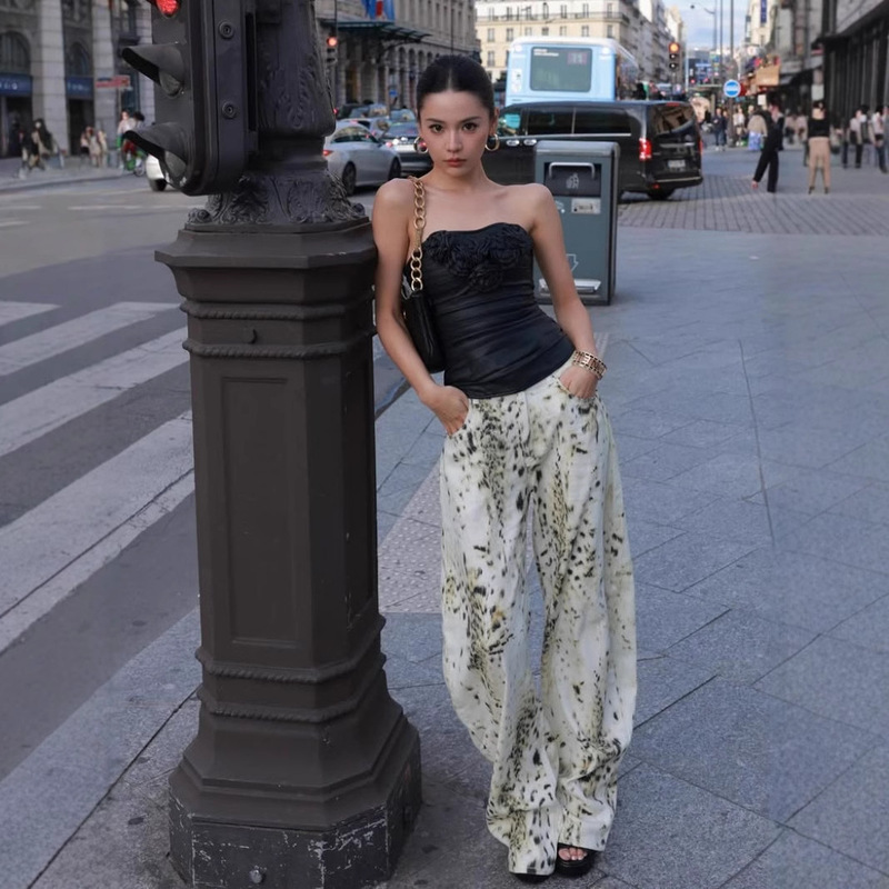 American Style Vintage Washed Leopard Print Jeans Women's Street Fashion Brand Wide Leg Pants Loose Casual Pants