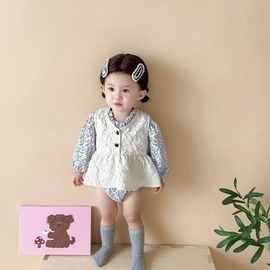 2023秋季新品婴儿韩版碎花长袖包屁衣背心裙套装女宝宝洋气两件套
