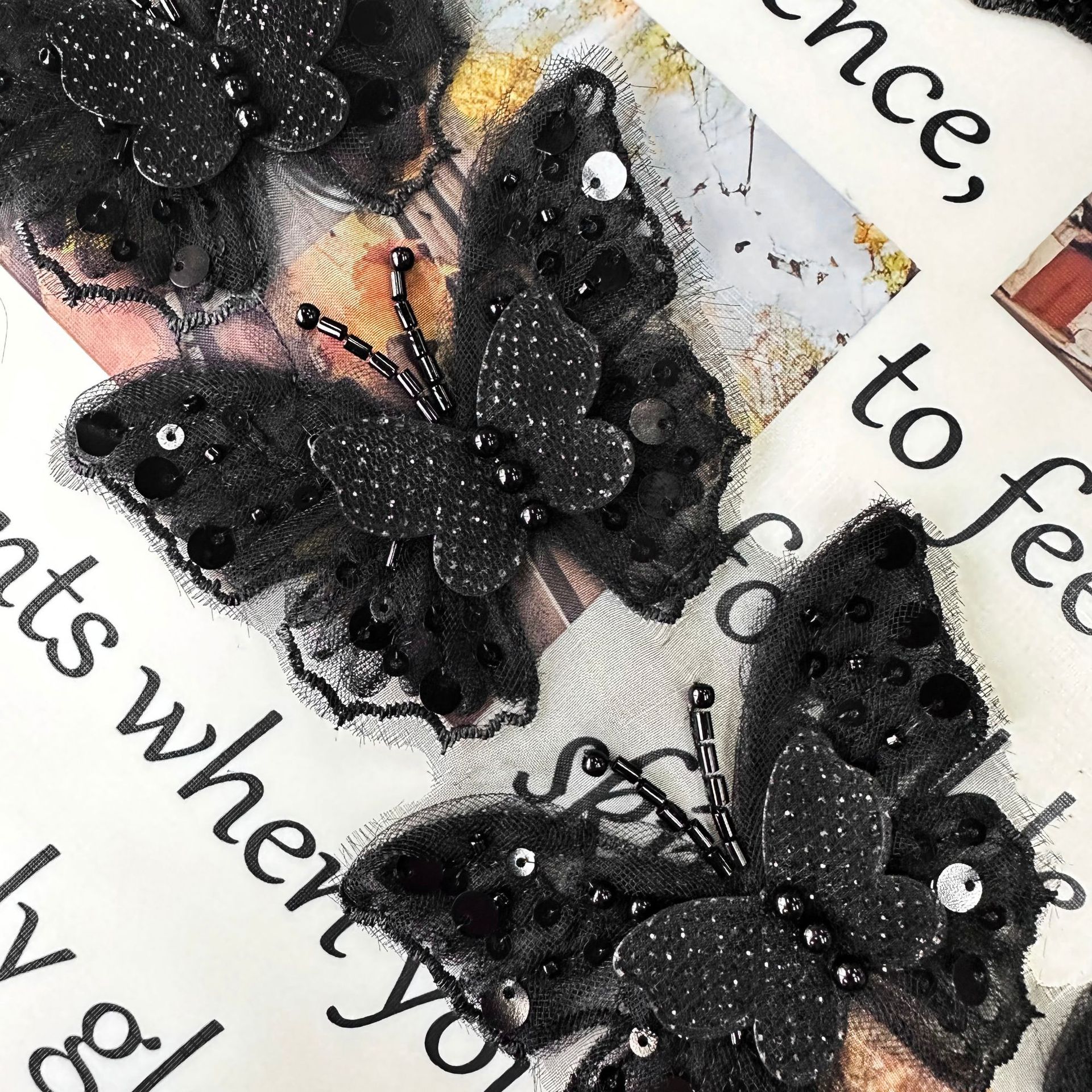 Duas capas de clavos cuentas estereoscópicas doradas mariposa tela pegada a mano flor esquinilla vestido de boda ropa infantil zapatos para niños adornos de pelo image 12