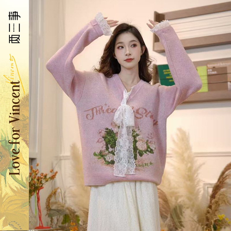Van Gogh Artistic Dream Color 2024 Winter New Floral Pattern Lace-Up Pullover Sweater for Women Van Gogh Artistic Dream Color 2024 Winter New Floral Pattern Lace-Up Pullover Sweater for Women