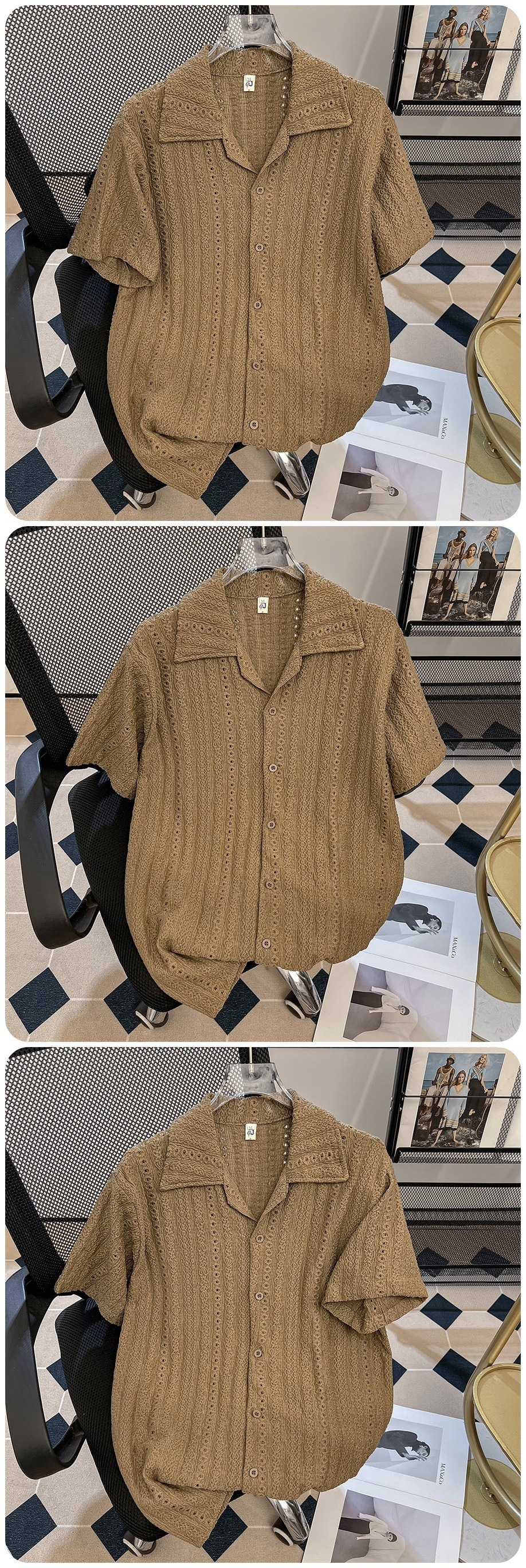Men's Clothing Men's Thin Casual Cardigan Shirt Summer Trendy Loose Retro Cuban Collar Half Sleeve Wrinkle Resistant Hollowed Out Design_viptrois.com