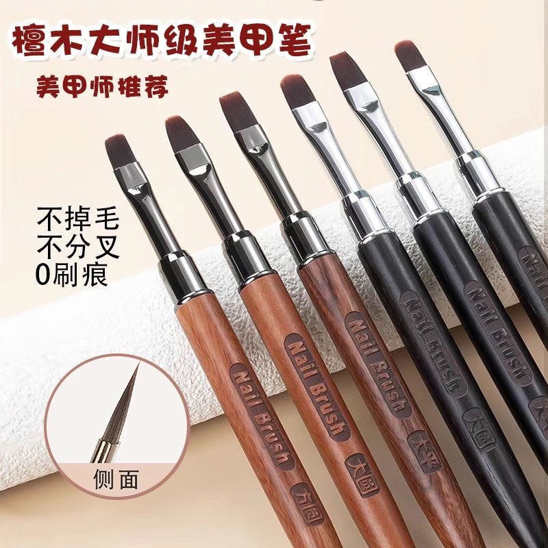Sandalwood Manicure Brush Set with Large Round and Flat Tips for Nail Art, Suitable for Nail Technicians to Use with Extension Gel and for Blending