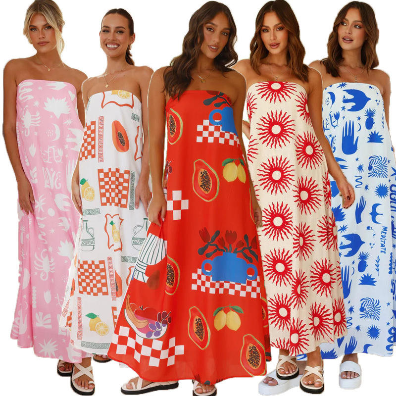 Amazon Cross-border Foreign Trade European and American Women's Dress Printed Tube Top Long Dress Sexy Fashion Holiday 8025 Amazon Cross-border Foreign Trade European and American Women's Dress Printed Tube Top Long Dress Sexy Fashion Holiday 8025