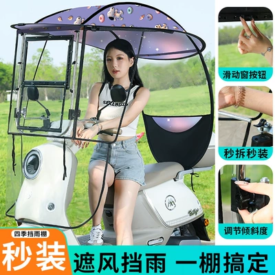 Elektromobil üçün ön şüşə çətiri (günlük) – Canopy - quick-release-steel-canopy-with-adjustable-window-one-piece-hard-sides-two-tone-purple-top-with-puppy-design-the-car-has-a-reversing-mirror