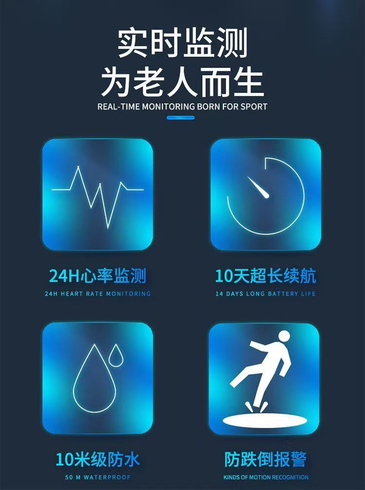 The elderly smartwatch can be used for communication, exercise, heart rate, blood pressure, blood oxygen, and fall alarm. It is a watch for the elderly undefined