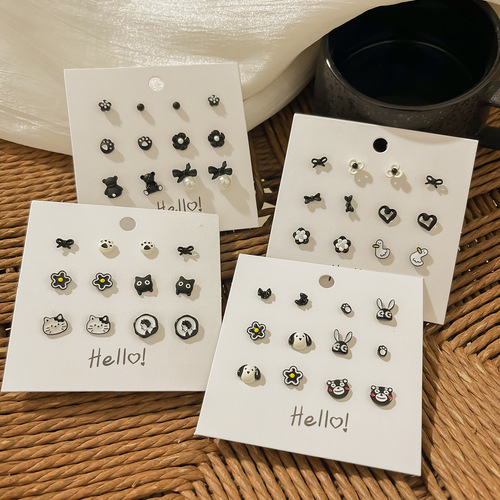 s925 autumn/winter new black earring set simple versatile elegant atmospheric fashionable earrings white-enhancing sweet earring accessories