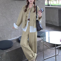 MENGXIANG ▏时髦艺术生/撞色假两件夹克外套+立体结构线阔腿裤女