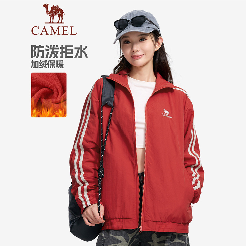 Camel Campus Series Woven Fleece Jacket for Women, Autumn and Winter Outdoor Commute Striped Casual Sports Running Windbreaker for Men