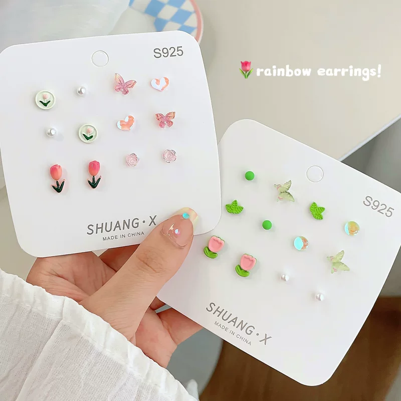 Summer earrings, cute silver needle