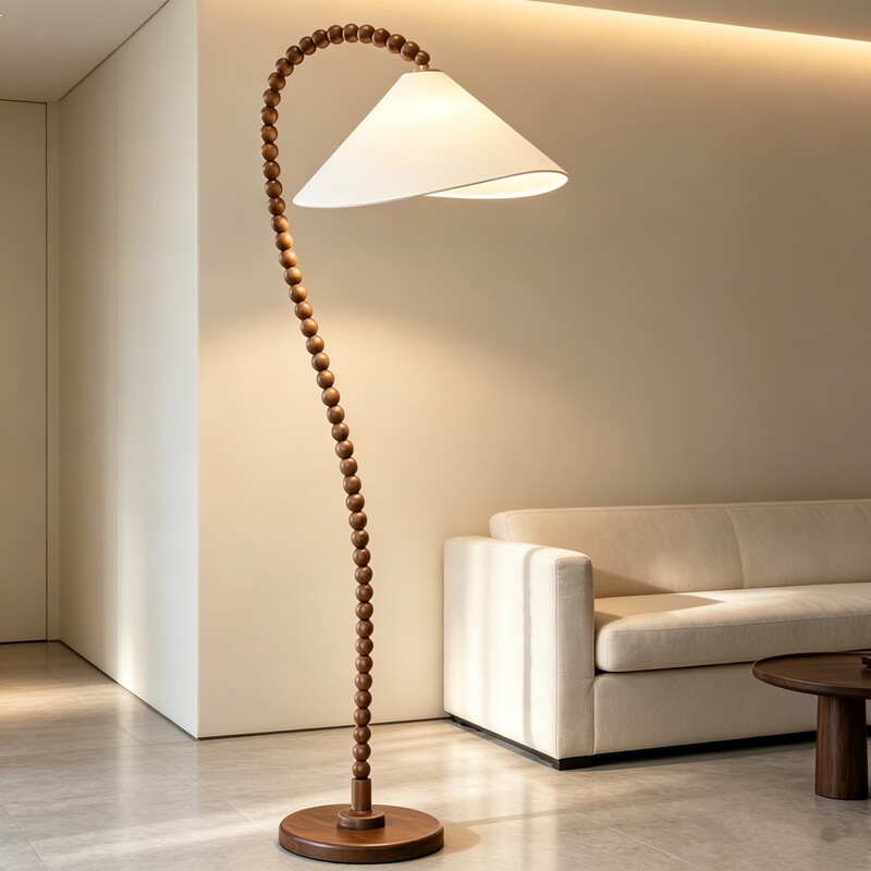 Vintage-style solid wood curved bendable wooden bead floor lamp for living room, bedroom, bedside, creative ambiance fishing-style floor lamp