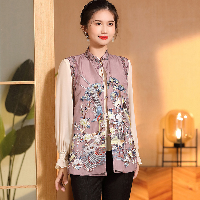 如意丝三雀图刺绣无袖唐装立领国风复古马甲马褂女夏新品女装