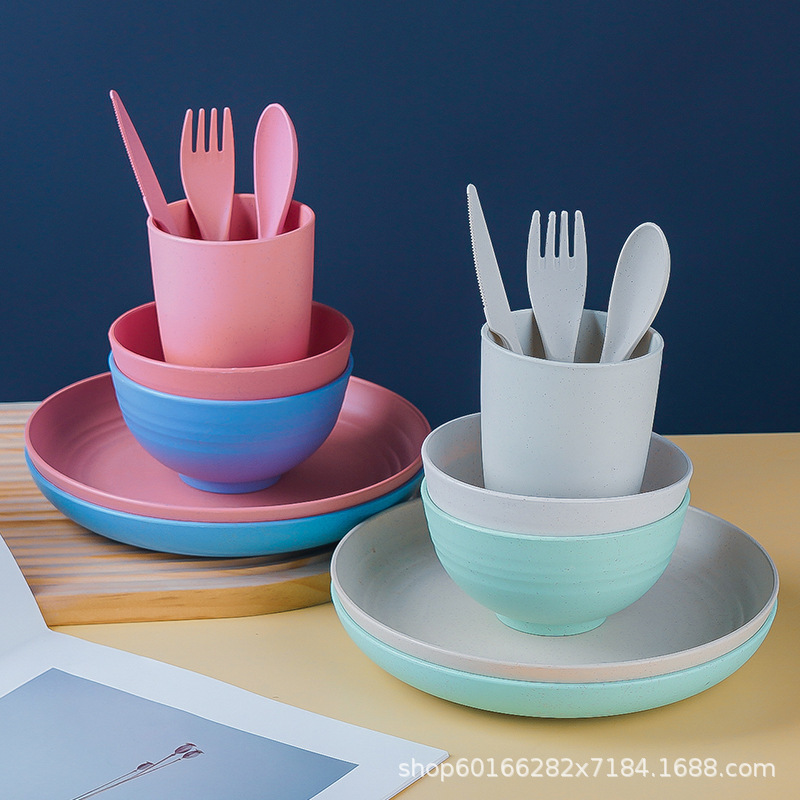 Wheat Straw Seven-piece Tableware Plate Bowl Cup Spoon Fork Chopsticks suit Thickened Drop-resistant Plastic Tableware suit Cross-border