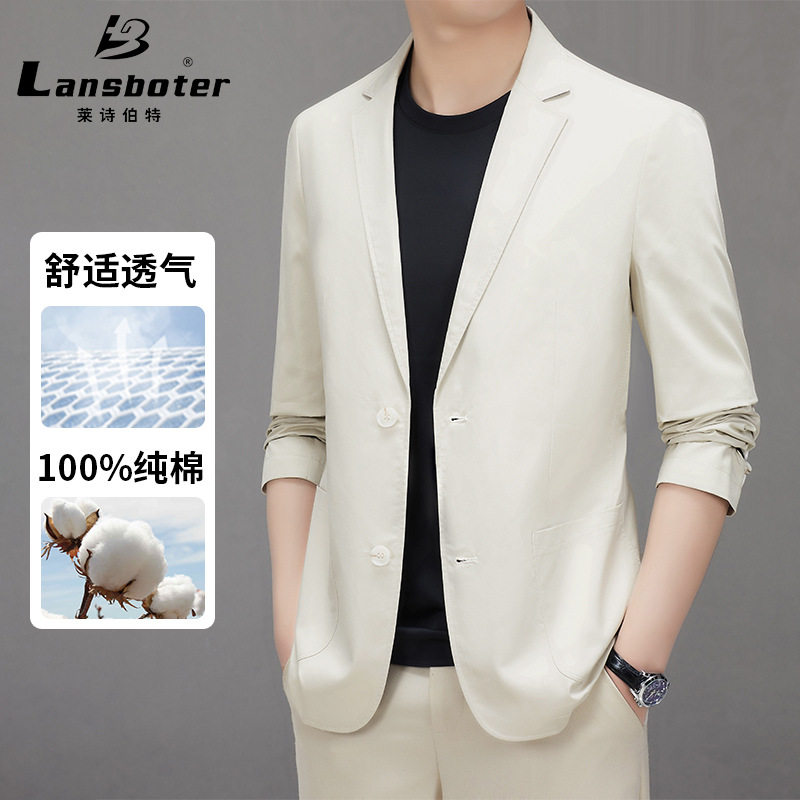 Áo vest nam cotton dáng ôm vừa vặn, cổ vest một hàng hai nút, tay dài, phong cách Hàn Quốc — Màu be, Màu xanh lam, Xanh lục Xám