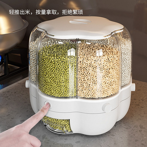 New transparent six-compartment rotating rice bucket, insect-proof and moisture-proof grain bucket, push-type metering rice bucket wholesale