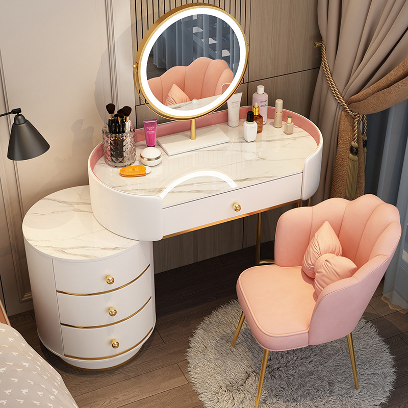 80 화이트 핑크 테이블 + 원형 캐비닛 + 거울 + 꽃잎 의자 핑크 TLMS - 원형 스타일