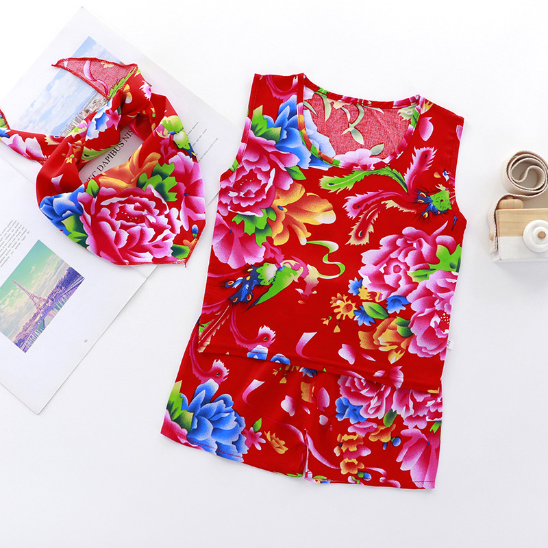 Red peony vest suit + headscarf