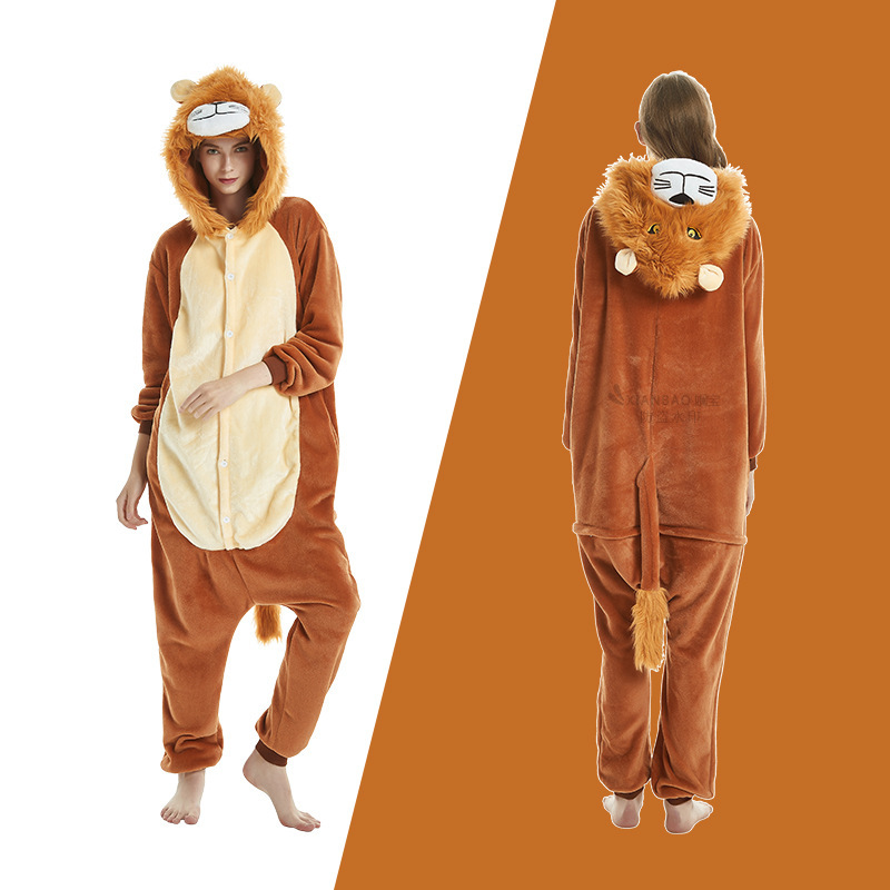 Nuevos pijamas de león, pijamas de husky, pijamas de franela de pareja con dibujos animados para hombres y mujeres.