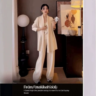时尚老钱风针织三件套女秋冬新款慵懒风小背心毛衣开衫阔腿裤套装