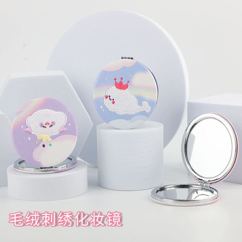 Lindo felpa bordado plegable espejo bolsillo portátil niñas espejo pequeño ins espejo cosmético portátil pequeño espejo redondo