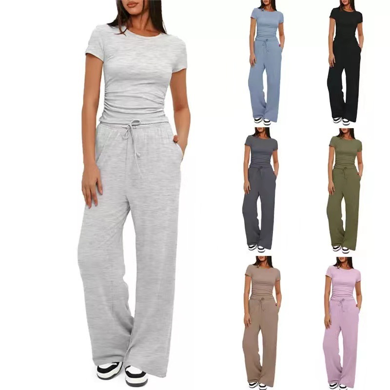 2026 European and American Foreign Trade Amazon Women's Two-Piece Casual Set with Ruffles, Fashionable Short-Sleeve Top and Wide-Leg Pants