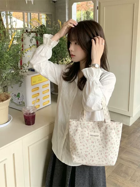 51143 Corduroy Floral Handbag for Work, Simple Handbag, Lunch Box, Shopping Bag, Miscellaneous Bag