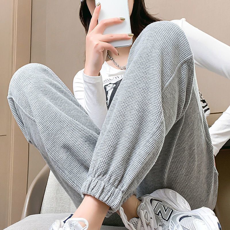 大码女装华夫格运动裤女宽松胖妹妹春夏新款休闲显瘦哈伦九分卫裤