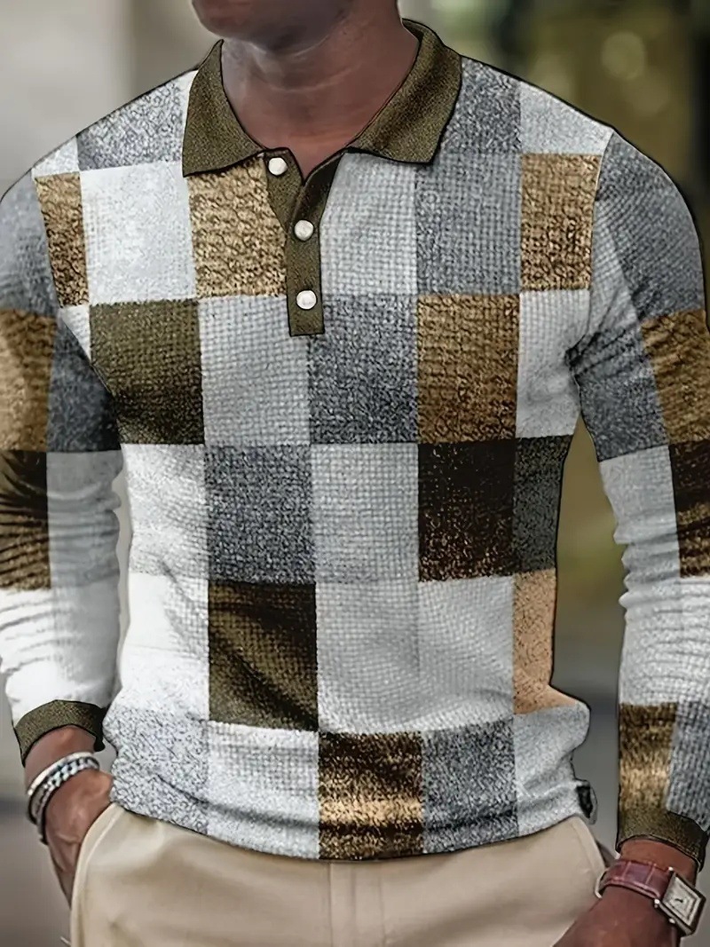 Personalidad retro tejido en contraste de color cuadrado estampado 3D casual suelto de manga larga camisa POLO de cuello con botones para hombres