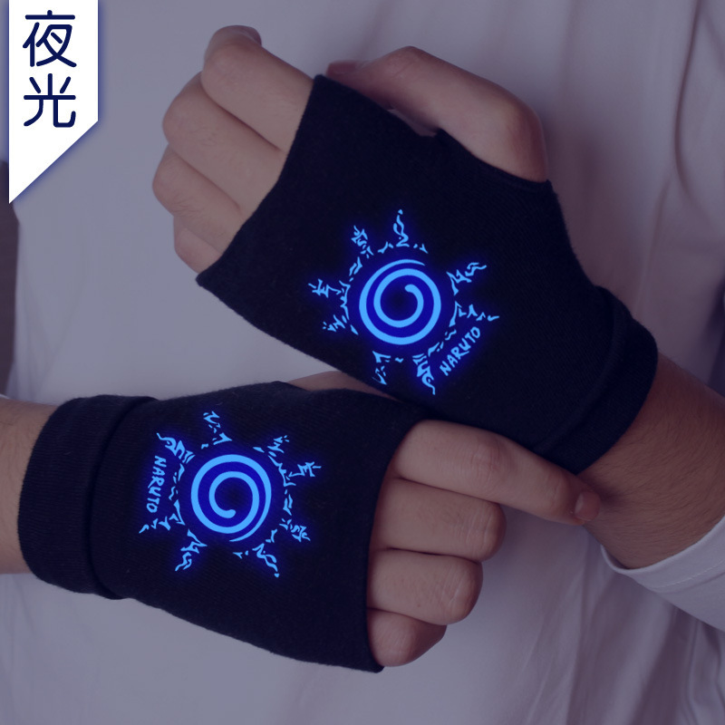 Anime-themed gloves, 2D merchandise wholesale—Uchiha Konoha logo design, warm, thick, and double-layered cotton with glow-in-the-dark feature
