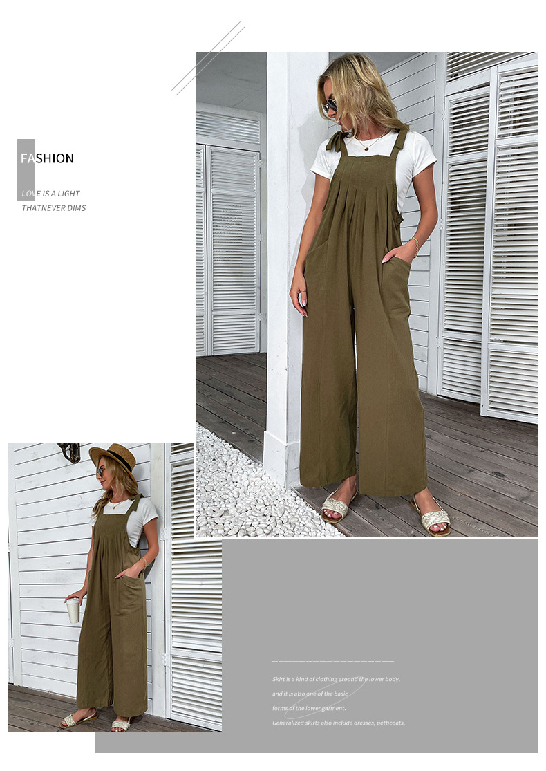Salopette dal temperamento sciolto in cotone e lino a gamba larga casual verde militare_voghion.com