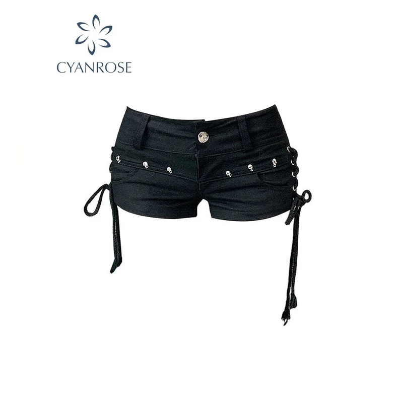 Women's Black Gothic Denim Shorts, Vintage Aesthetic Korean Low-Waist Denim Shorts, Harajuku Y2k Denim Shorts Women's Black Gothic Denim Shorts, Vintage Aesthetic Korean Low-Waist Denim Shorts, Harajuku Y2k Denim Shorts