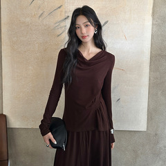 FONE简禾极简风荡领针织衫女2025秋季设计感掐腰捏褶长袖T恤58257