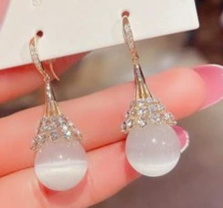 Drop Earrings, Pearl and Cat's-Eye Accent, Elegant High-End Dangle