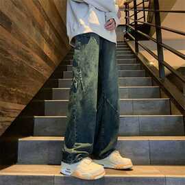 跨境抽绳牛仔裤男款春夏季美式潮流vibe裤子大码宽松阔腿直筒男裤