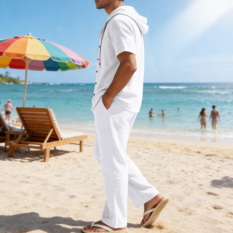 Herren Sommer Leinen Set Kurzarmhemd Und Hose Im Casual Style_voghion.com