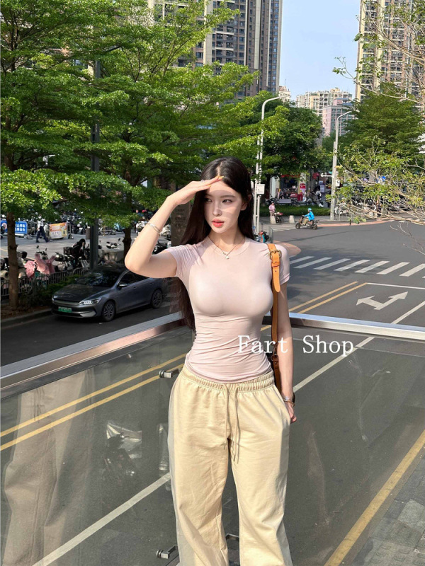 【Fart Shop】skim* 短袖春夏修身弹力正肩紧身粉色t恤半袖上衣女|undefined