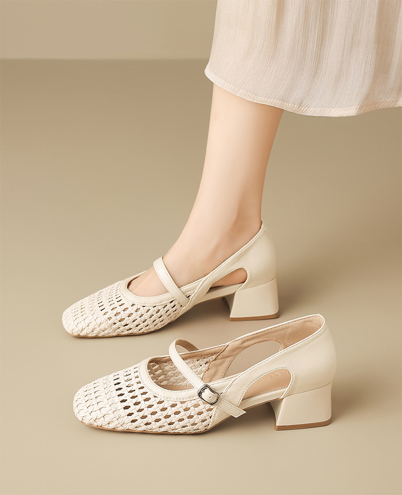 Sandal nữ quai ngang cổ điển gót vuông thoáng khí — BL735 Màu be chi tiết 14