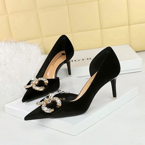 1363-AK77 Banquet High Heels Women's Shoes Suede Shallow Mouth Pointed Side Hollow Water Diamond Pearl Bow Single S