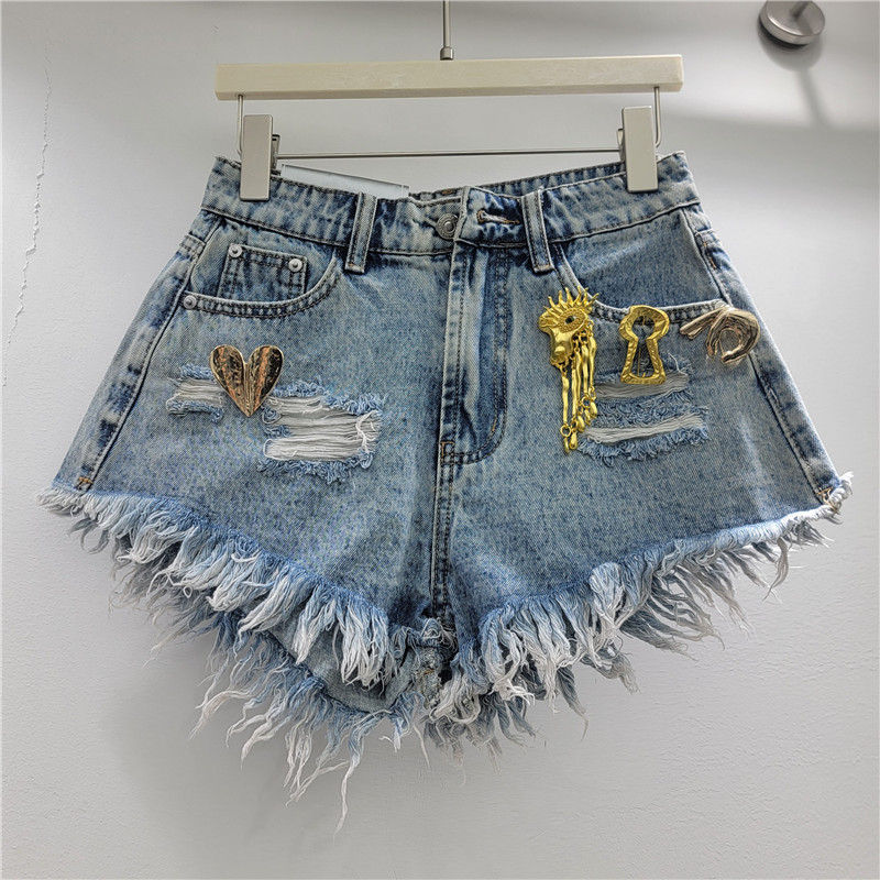 Pantalones Cortos Jeans para Mujer de Mezclilla Pierna Ancha con Borde Deshilachado y Metal image 2